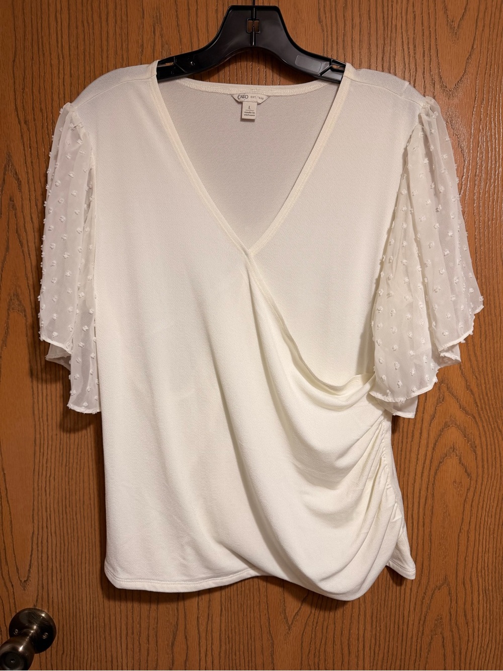 Cato Ivory Blouse with V-Neck, Swiss Dot Flutter Sleeves and Ruched Side